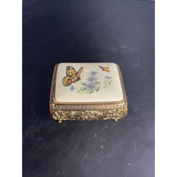 Vtg Westland Metal Trinket Music Box Butterflies Floral Porcelain Top Japan - Picture 1 of 9